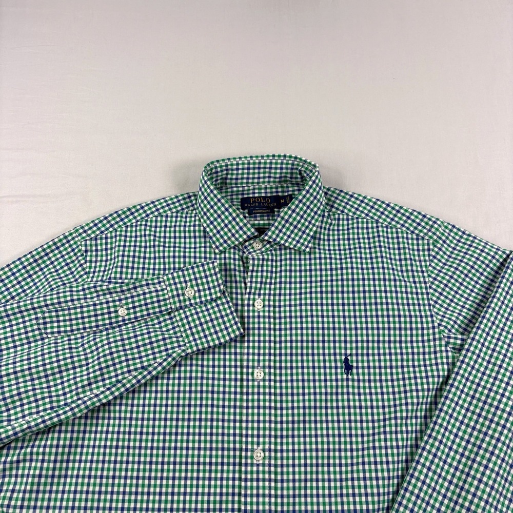 Polo Ralph Lauren Performance Shirt Mens M Green Blue Check Button Up Stretch
